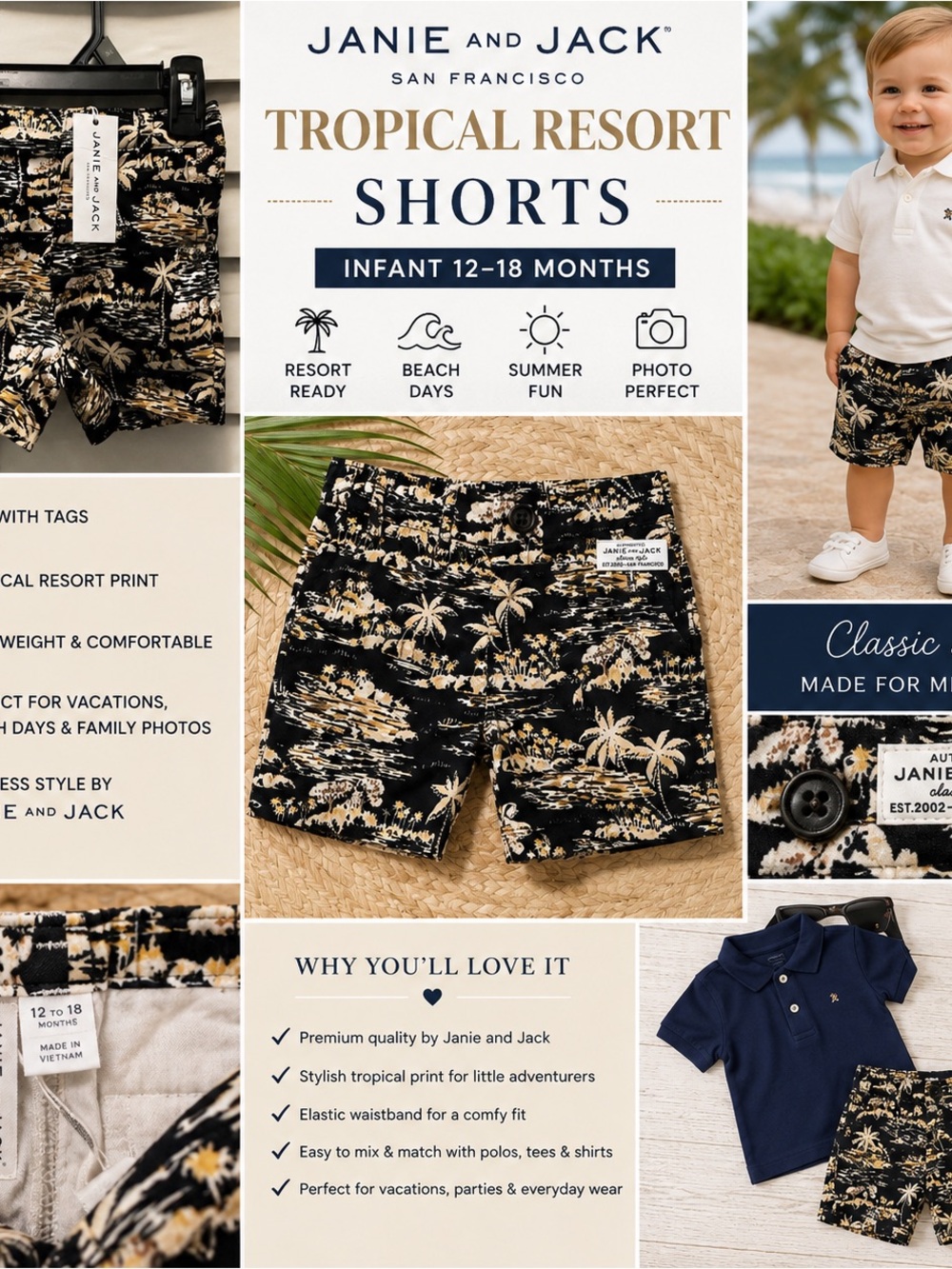 Janie and Jack Infant 12-18 Mo Tropical Palm Print Resort Shorts Black Hawaiian